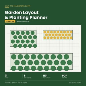 K&ouml;nnte beinhalten: Ein digitales Garden Layout & Planting Planner Dokument auf dunkelgr&uuml;nem Hintergrund. Die Grafik zeigt ein wei&szlig;es Raster mit drei rechteckigen Beeten, die gr&uuml;ne und gelbe Kreise als Pflanzen enthalten. Text: 21 pages, 6 grid sheets.