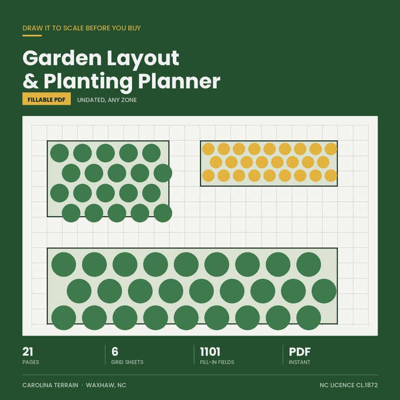 K&ouml;nnte beinhalten: Ein digitales Garden Layout & Planting Planner Dokument auf dunkelgr&uuml;nem Hintergrund. Die Grafik zeigt ein wei&szlig;es Raster mit drei rechteckigen Beeten, die gr&uuml;ne und gelbe Kreise als Pflanzen enthalten. Text: 21 pages, 6 grid sheets.
