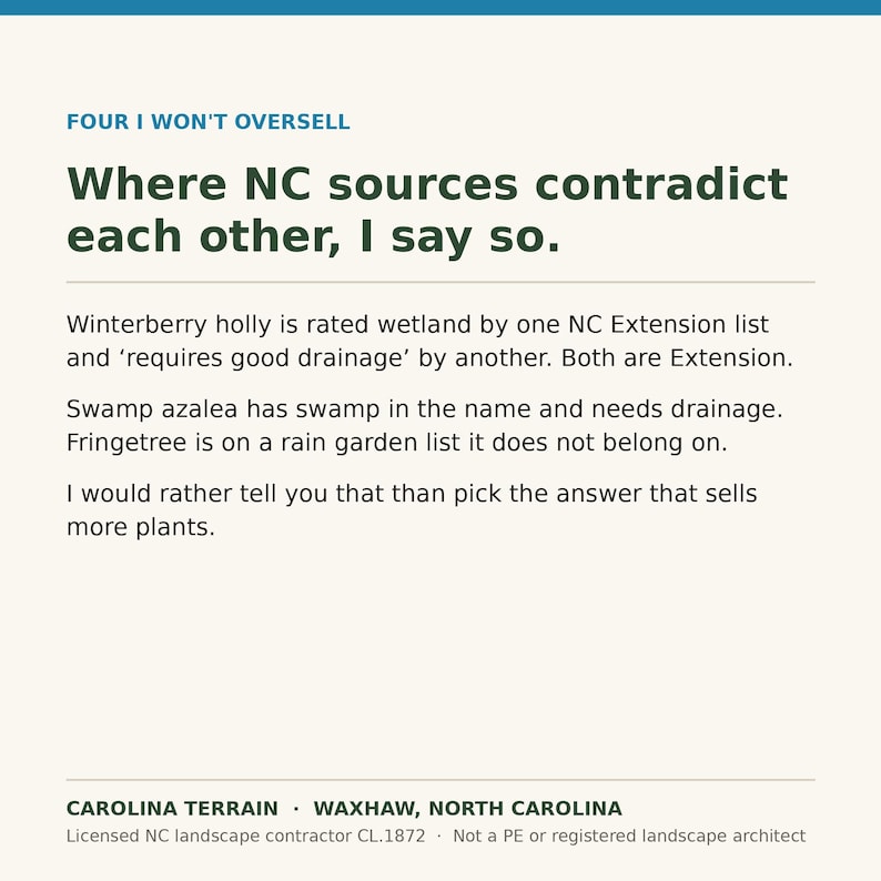 May include: A white informational graphic with dark green and blue text. The header reads FOUR I WON'T OVERSELL. The body text discusses conflicting North Carolina plant sources, specifically winterberry holly, swamp azalea, and fringetree. The footer displays CAROLINA TERRAIN, WAXHAW, NORTH CAROLINA, and license details.