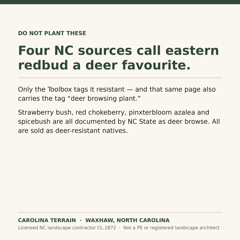 May include: A white informational sign with dark green text titled DO NOT PLANT THESE. It states: Four NC sources call eastern redbud a deer favourite. Only the Toolbox tags it resistant &mdash; and that same page also carries the tag deer browsing plant. Strawberry bush, red chokeberry, pinxterbloom azalea and spicebush are all documented by NC State as deer browse. All are sold as deer-resistant natives. Bottom text reads: CAROLINA TERRAIN &middot; WAXHAW, NORTH CAROLINA. Licensed NC landscape contractor CL.1872 &middot; Not a PE or registered landscape architect.