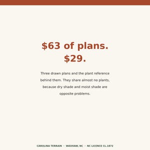 May include: A graphic with a cream background and rust-colored text. The text reads: $63 of plans. $29. Three drawn plans and the plant reference behind them. They share almost no plants, because dry shade and moist shade are opposite problems. CAROLINA TERRAIN &middot; WAXHAW, NC &middot; NC LICENCE CL.1872