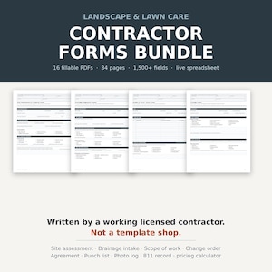 May include: A digital landscape and lawn care contractor forms bundle featuring 16 fillable PDFs, 34 pages, and 1,500+ fields. The document set includes site assessment, drainage intake, scope of work, and change order forms for professional use.