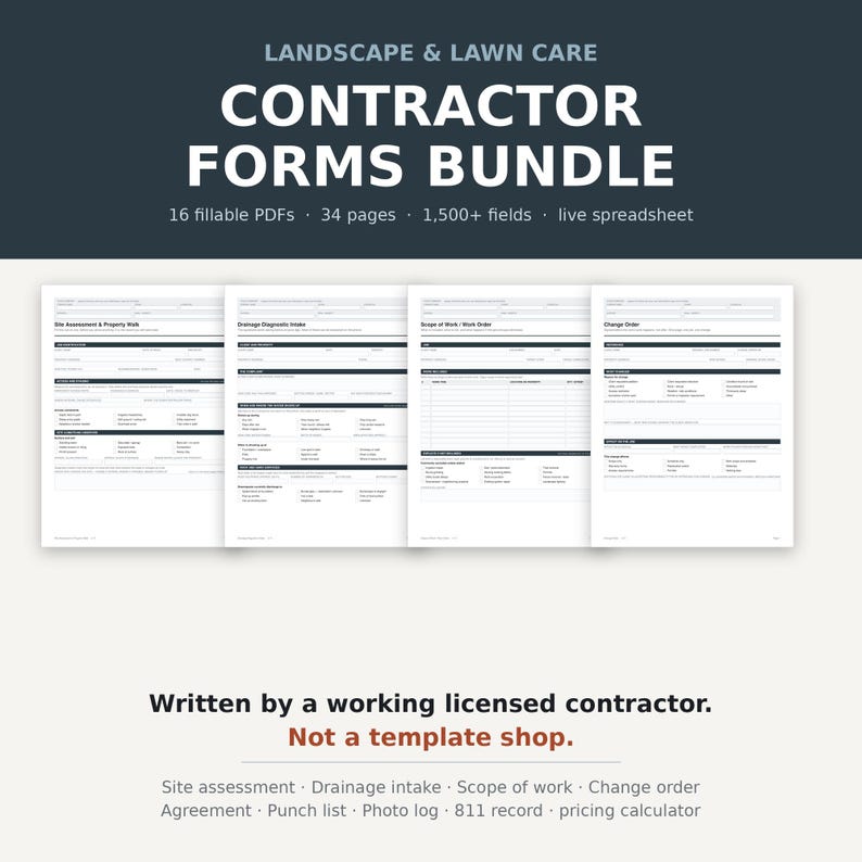 May include: A digital landscape and lawn care contractor forms bundle featuring 16 fillable PDFs, 34 pages, and 1,500+ fields. The document set includes site assessment, drainage intake, scope of work, and change order forms for professional use.
