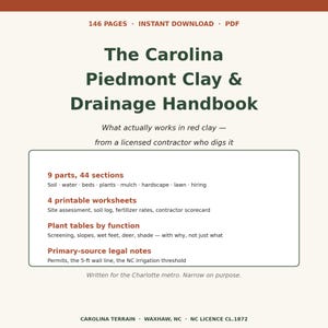 Op de afbeelding: Een 146 pagina's tellend PDF-handboek getiteld The Carolina Piedmont Clay & Drainage Handbook. Het bevat 9 delen, 44 secties, 4 printbare werkbladen, plantentabellen op functie en juridische aantekeningen voor de regio Charlotte.
