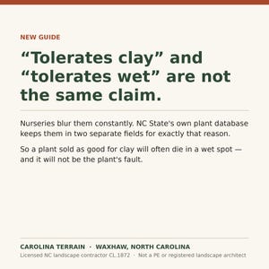 May include: A white informational graphic with dark green text titled NEW GUIDE. It states: Tolerates clay and tolerates wet are not the same claim. Nurseries blur them constantly. NC State's plant database keeps them separate. Carolina Terrain, Waxhaw, NC.