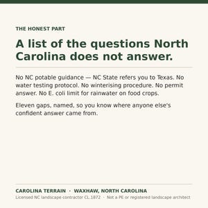 May include: A white informational document titled THE HONEST PART, A list of the questions North Carolina does not answer. It lists regulatory gaps regarding water testing, winterizing, and permits, ending with Carolina Terrain, Waxhaw, North Carolina.
