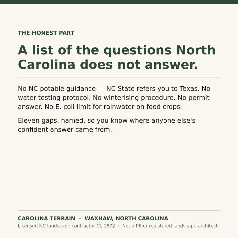 May include: A white informational document titled THE HONEST PART, A list of the questions North Carolina does not answer. It lists regulatory gaps regarding water testing, winterizing, and permits, ending with Carolina Terrain, Waxhaw, North Carolina.