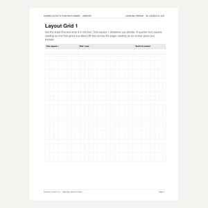 K&ouml;nnte beinhalten: Eine Seite eines Garten- und Pflanzplaners mit dem Titel Layout Grid 1. Sie enth&auml;lt ein gro&szlig;es Raster f&uuml;r die Gartengestaltung, Anweisungen zur Skalierung sowie Kopfzeilenfelder f&uuml;r One square, Bed/area und North is toward. Seite 3 von 3.