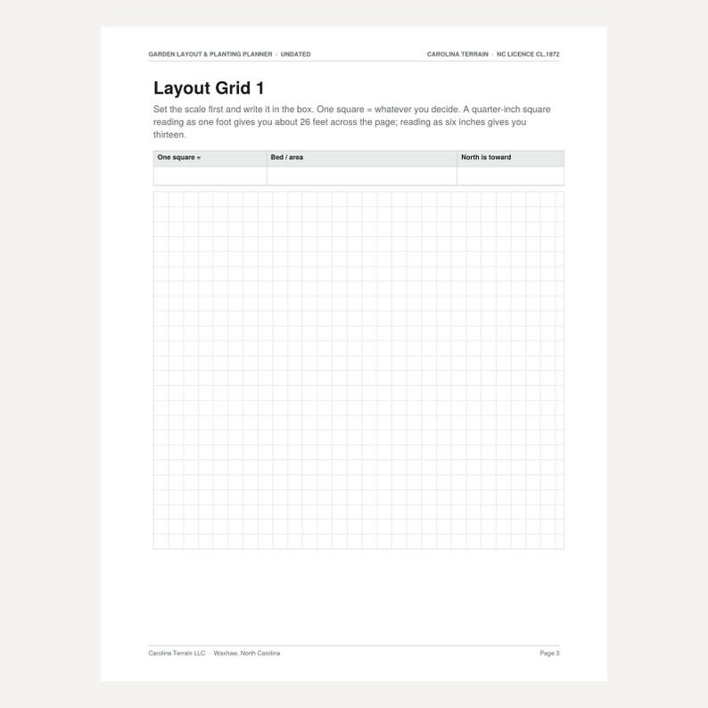 K&ouml;nnte beinhalten: Eine Seite eines Garten- und Pflanzplaners mit dem Titel Layout Grid 1. Sie enth&auml;lt ein gro&szlig;es Raster f&uuml;r die Gartengestaltung, Anweisungen zur Skalierung sowie Kopfzeilenfelder f&uuml;r One square, Bed/area und North is toward. Seite 3 von 3.