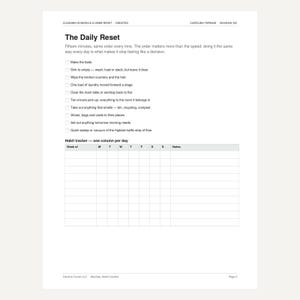 May include: A white printable cleaning schedule and home reset checklist titled The Daily Reset. It includes a list of tasks with checkboxes and a habit tracker grid with columns for days of the week, labeled Carolina Terrain, Waxhaw, NC.