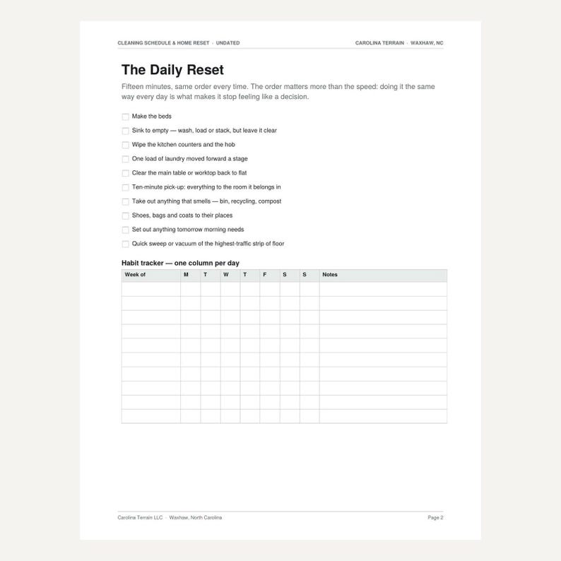 May include: A white printable cleaning schedule and home reset checklist titled The Daily Reset. It includes a list of tasks with checkboxes and a habit tracker grid with columns for days of the week, labeled Carolina Terrain, Waxhaw, NC.