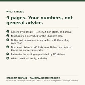May include: A document titled WHAT IS INSIDE with 9 pages of information. It lists topics including gallons by roof size, NOAA rainfall intensities for Charlotte, gutter sizing, discharge distance, rainwater harvesting, and unverified data.