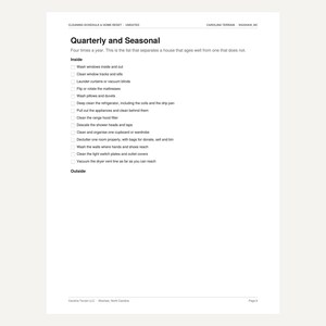 May include: A white paper cleaning schedule titled Quarterly and Seasonal with a checklist of household tasks. The document includes sections for Inside and Outside chores, featuring checkboxes next to items like washing windows, cleaning appliances, and decluttering.