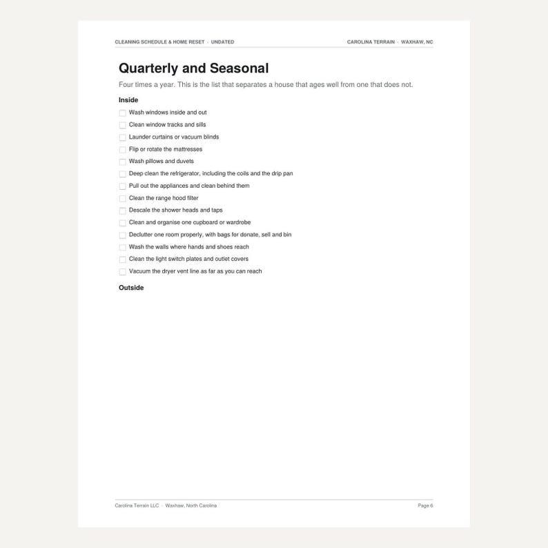 May include: A white paper cleaning schedule titled Quarterly and Seasonal with a checklist of household tasks. The document includes sections for Inside and Outside chores, featuring checkboxes next to items like washing windows, cleaning appliances, and decluttering.