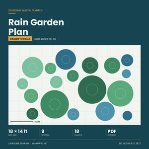 May include: A digital rain garden plan on a dark teal background with the text Rain Garden Plan, Standing Water, Planted, USDA Zones 7b-8a, 18 x 14 ft, 9 species, 18 plants, and PDF instant. The graphic features a grid with various green and blue circles.