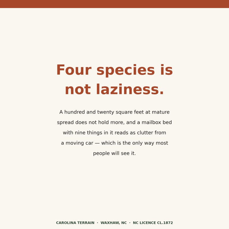 May include: A cream-colored graphic print featuring the brown text: Four species is not laziness. A hundred and twenty square feet at mature spread does not hold more, and a mailbox bed with nine things in it reads as clutter from a moving car.