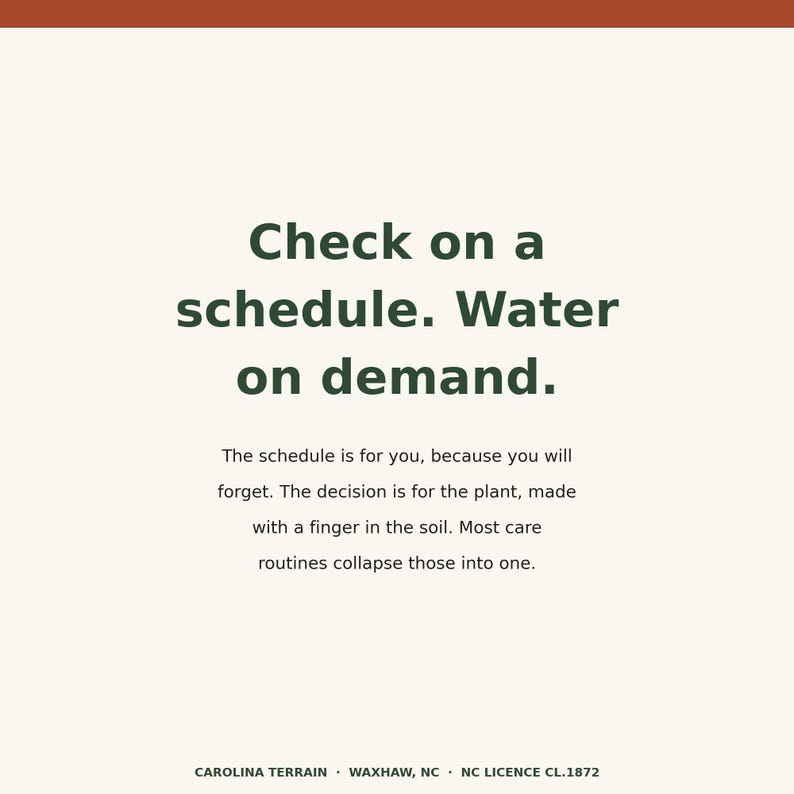 May include: A square graphic with a cream background and dark green text that reads: Check on a schedule. Water on demand. The schedule is for you, because you will forget. The decision is for the plant, made with a finger in the soil. Carolina Terrain.