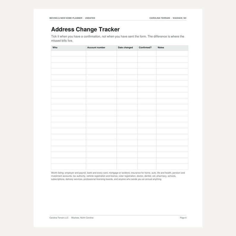 May include: A white paper Address Change Tracker form with black text. It features a table with columns for Who, Account number, Date changed, Confirmed, and Notes. The header includes Moving & New Home Planner and Carolina Terrain Waxhaw, NC.