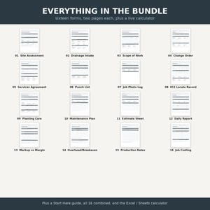 May include: A digital bundle featuring sixteen business forms, each two pages long, with titles including Site Assessment, Drainage Intake, Scope of Work, Change Order, Services Agreement, Punch List, Job Photo Log, 811 Locate Record, Planting Care, Maintenance Plan, Estimate Sheet, Daily Report, Markup vs Margin, Overhead/Breakeven, Production Rates, and Job Costing, plus a live calculator.