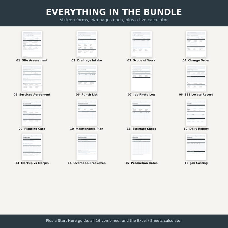 May include: A digital bundle featuring sixteen business forms, each two pages long, with titles including Site Assessment, Drainage Intake, Scope of Work, Change Order, Services Agreement, Punch List, Job Photo Log, 811 Locate Record, Planting Care, Maintenance Plan, Estimate Sheet, Daily Report, Markup vs Margin, Overhead/Breakeven, Production Rates, and Job Costing, plus a live calculator.