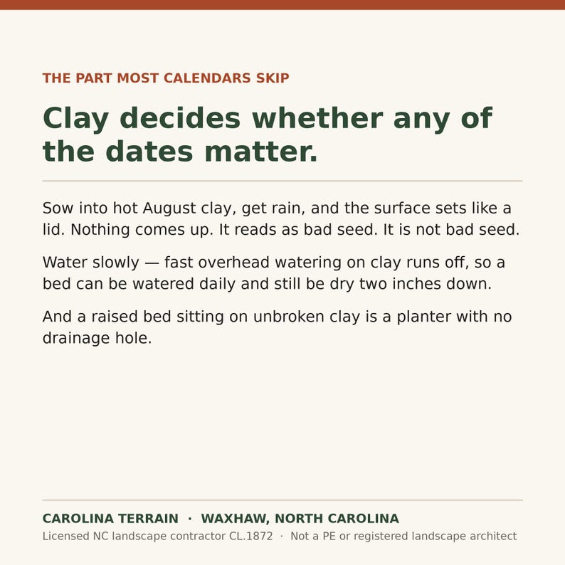 May include: A white informational card with dark green and orange text. The header reads THE PART MOST CALENDARS SKIP, followed by Clay decides whether any of the dates matter. The body text provides gardening advice regarding clay soil and drainage.