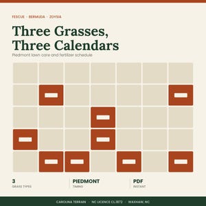 May include: A digital graphic titled Three Grasses, Three Calendars with the subtitle Piedmont lawn care and fertiliser schedule. It features a grid with some cells highlighted in rust orange, listing Fescue, Bermuda, and Zoysia grass types.