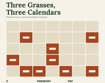 May include: A digital graphic titled Three Grasses, Three Calendars with the subtitle Piedmont lawn care and fertiliser schedule. It features a grid with some cells highlighted in rust orange, listing Fescue, Bermuda, and Zoysia grass types.
