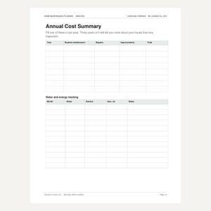 May include: A white home maintenance planner page titled Annual Cost Summary. It features a table for tracking yearly costs including routine maintenance, repairs, and improvements, plus a second table for tracking monthly water and energy usage.