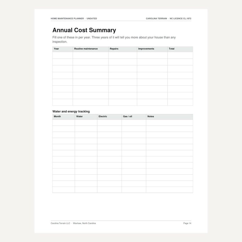 May include: A white home maintenance planner page titled Annual Cost Summary. It features a table for tracking yearly costs including routine maintenance, repairs, and improvements, plus a second table for tracking monthly water and energy usage.