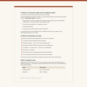 May include: A document page titled 8. Where a contractor stops and an engineer starts, followed by section 9. What to ask before you sign, and a table listing typical price ranges for drainage channels and catch basins in dollars per linear foot.