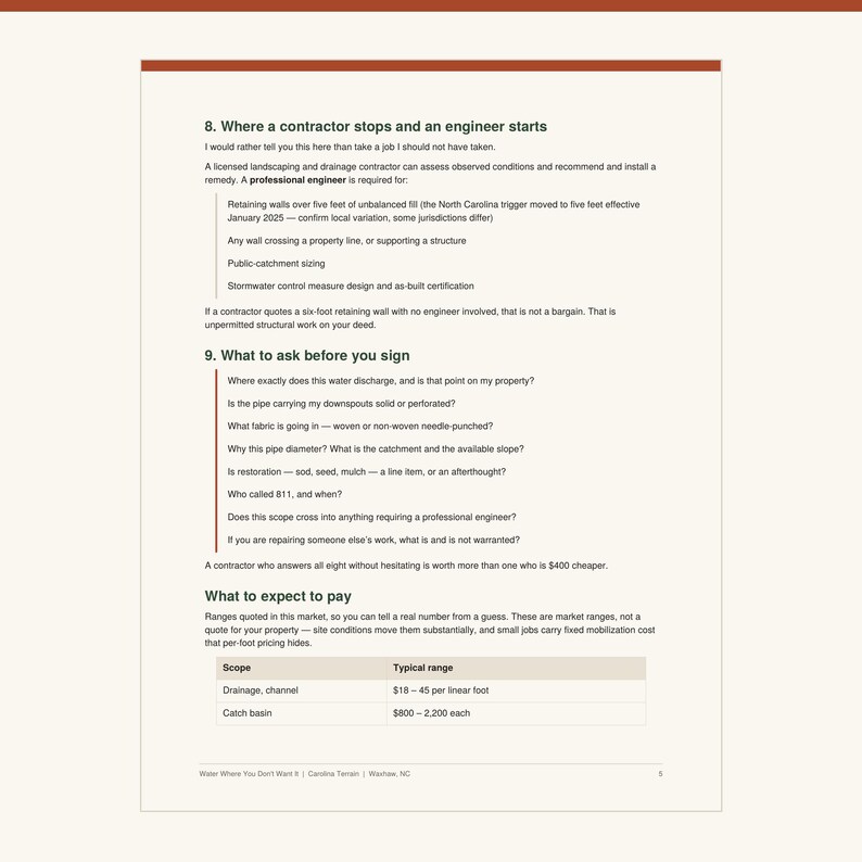 May include: A document page titled 8. Where a contractor stops and an engineer starts, followed by section 9. What to ask before you sign, and a table listing typical price ranges for drainage channels and catch basins in dollars per linear foot.