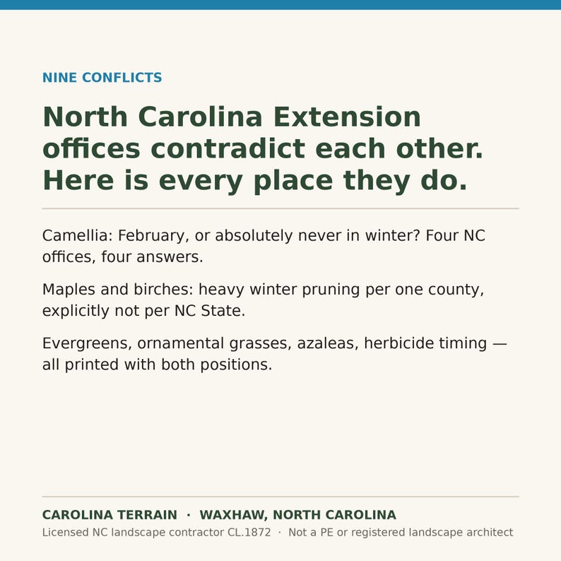 May include: A white informational graphic with dark green text titled NINE CONFLICTS. It details North Carolina Extension offices contradicting each other regarding gardening advice for camellias, maples, birches, evergreens, and grasses. Footer text includes CAROLINA TERRAIN, WAXHAW, NORTH CAROLINA, and license information.