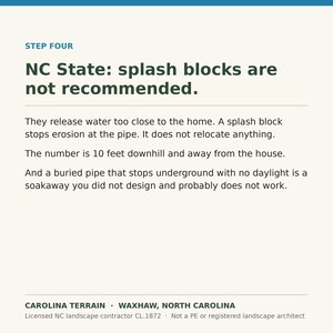 May include: An informational graphic titled STEP FOUR NC State: splash blocks are not recommended. The text explains that splash blocks release water too close to the home, noting the number is 10 feet downhill and away from the house.