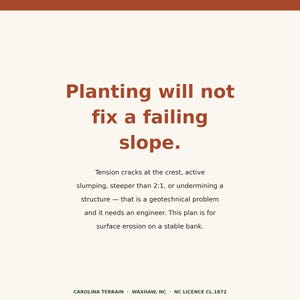 Może przedstawiać: Kwadratowa grafika z kremowym tłem i rdzawą g&oacute;rną krawędzią. Tekst brzmi: Planting will not fix a failing slope. Tension cracks at the crest, active slumping, steeper than 2:1, or undermining a structure &mdash; that is a geotechnical problem and it needs an engineer. This plan is for surface erosion on a stable bank. CAROLINA TERRAIN &middot; WAXHAW, NC &middot; NC LICENCE CL.1872