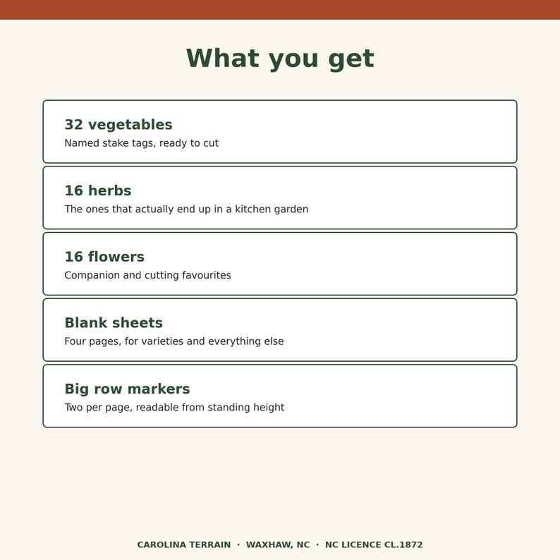 Puede incluir: Una lista titulada What you get que incluye 32 etiquetas de estaca para verduras, 16 hierbas, 16 flores, cuatro hojas en blanco y marcadores de fila grandes. El texto es verde oscuro sobre fondo claro, con Carolina Terrain, Waxhaw, NC, NC Licence CL.1872.