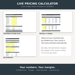 May include: A digital live pricing calculator template for Excel, Google Sheets, Numbers, or LibreOffice. It includes sections for overhead and break-even analysis, markup versus margin calculations, and a job estimator with fillable yellow cells.