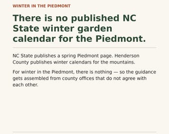 NC Piedmont Winter Garden Checklist, Pruning Calendar, Frost Damage Guide (PDF Download)