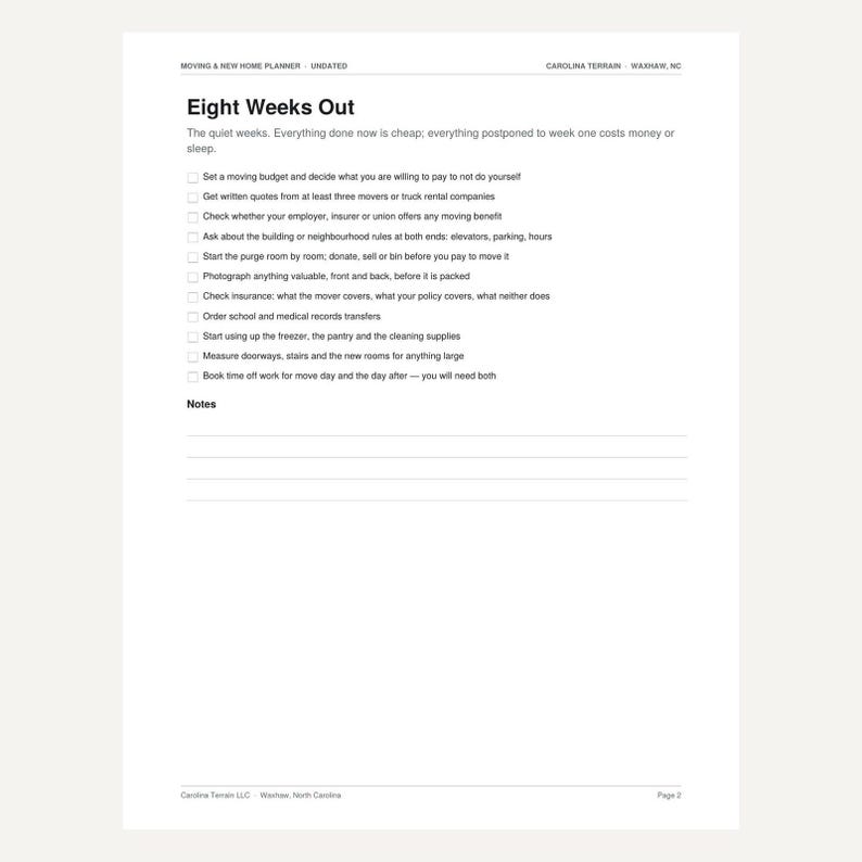 May include: A white paper moving and new home planner page titled Eight Weeks Out. The document features a checklist with tasks such as setting a budget, getting moving quotes, checking insurance, and measuring doorways, followed by a notes section.