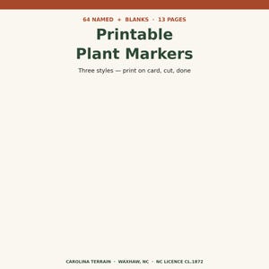 Puede incluir: Un documento digital titulado Printable Plant Markers con 64 opciones nombradas y en blanco en 13 p&aacute;ginas. El texto incluye instrucciones para imprimir en tarjeta, cortar y listo. La parte inferior muestra el texto CAROLINA TERRAIN, WAXHAW, NC, NC LICENCE CL.1872.