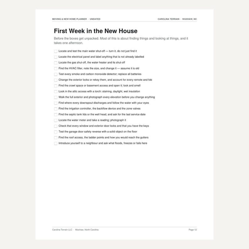 May include: A white page from a Moving & New Home Planner titled First Week in the New House. It features a checklist of tasks including locating the main water shut-off, electrical panel, gas shut-off, and testing smoke and carbon monoxide detectors.