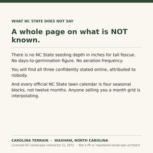 Peut inclure: Un document informatif blanc avec du texte vert fonc&eacute; intitul&eacute; WHAT NC STATE DOES NOT SAY. Il explique que NC State ne fournit aucune profondeur de semis, dur&eacute;e de germination ou fr&eacute;quence d'a&eacute;ration pour la f&eacute;tuque &eacute;lev&eacute;e.
