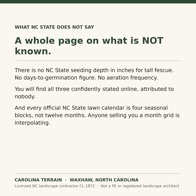 Peut inclure: Un document informatif blanc avec du texte vert fonc&eacute; intitul&eacute; WHAT NC STATE DOES NOT SAY. Il explique que NC State ne fournit aucune profondeur de semis, dur&eacute;e de germination ou fr&eacute;quence d'a&eacute;ration pour la f&eacute;tuque &eacute;lev&eacute;e.