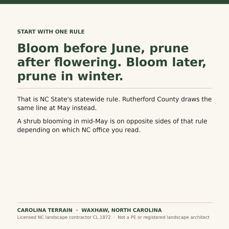 May include: A white informational sign with dark green text that reads: START WITH ONE RULE. Bloom before June, prune after flowering. Bloom later, prune in winter. That is NC State's statewide rule. Rutherford County draws the same line at May instead. A shrub blooming in mid-May is on opposite sides of that rule depending on which NC office you read. CAROLINA TERRAIN &middot; WAXHAW, NORTH CAROLINA. Licensed NC landscape contractor CL.1872 &middot; Not a PE or registered landscape architect.