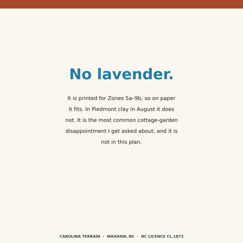 May include: A white informational card with a dark orange top border and black text that reads: No lavender. It is printed for Zones 5a-9b, so on paper it fits. In Piedmont clay in August it does not. It is the most common cottage-garden disappointment I get asked about, and it is not in this plan. The bottom text reads: CAROLINA TERRAIN &middot; WAXHAW, NC &middot; NC LICENCE CL.1872.
