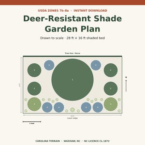 May include: A digital garden plan titled Deer-Resistant Shade Garden Plan for USDA Zones 7b-8a. The layout shows a 28 ft by 16 ft shaded bed with numbered circular planting zones, a tree line, a lawn edge, and a 5-foot scale reference bar.