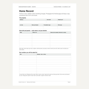 May include: A white home maintenance planner page titled Home Record with sections for property details, shut-offs and panels, and key numbers. The document includes tables with headers for address, year built, lot size, and specific utility information.