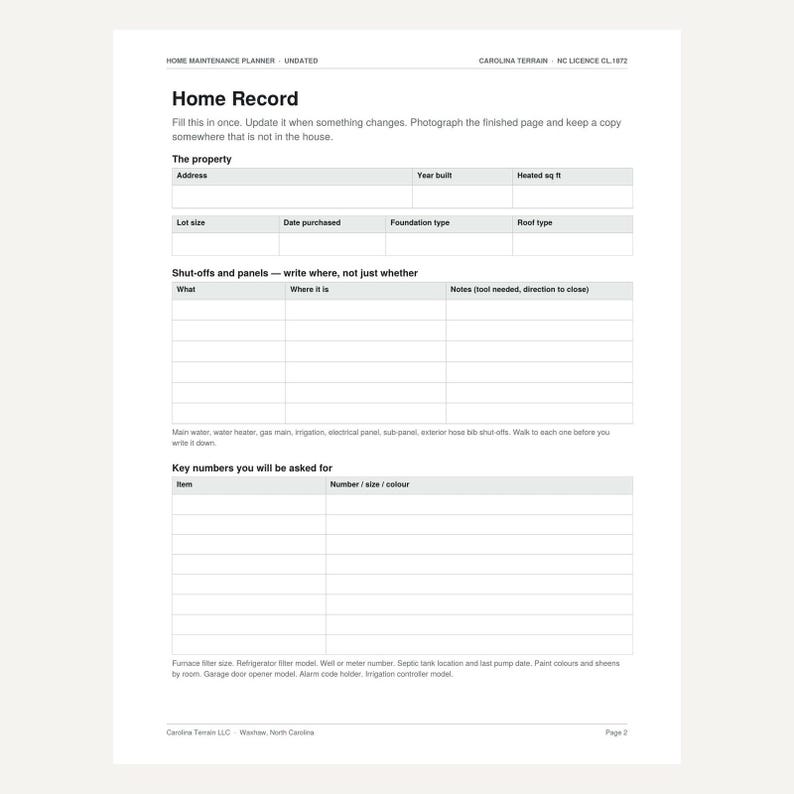 May include: A white home maintenance planner page titled Home Record with sections for property details, shut-offs and panels, and key numbers. The document includes tables with headers for address, year built, lot size, and specific utility information.