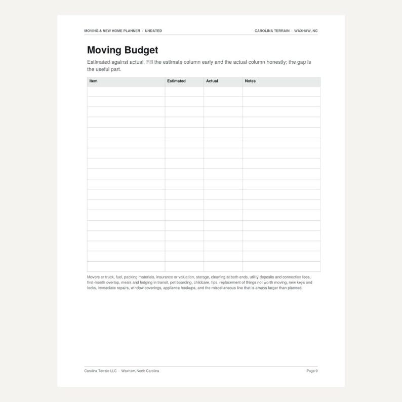 May include: A white paper moving budget planner sheet with black text. The header reads Moving Budget, followed by a table with columns for Item, Estimated, Actual, and Notes. The bottom includes a list of common moving expenses in small text.