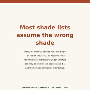 May include: A cream-colored informational sign with dark orange text. The headline reads: Most shade lists assume the wrong shade. The body text discusses hosta, foamflower, painted fern, and wild ginger plants. The bottom includes: CAROLINA TERRAIN &middot; WAXHAW, NC &middot; NC LICENCE CL.1872.
