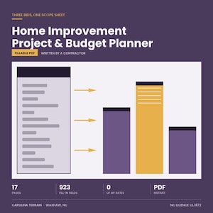 Może przedstawiać: Cyfrowy dokument PDF do wypełnienia Home Improvement Project & Budget Planner. Grafika przedstawia listę ze strzałkami skierowanymi na trzy pionowe słupki oraz tekst informujący o 17 stronach, 923 polach do wypełnienia, 0 of my rates i PDF instant.